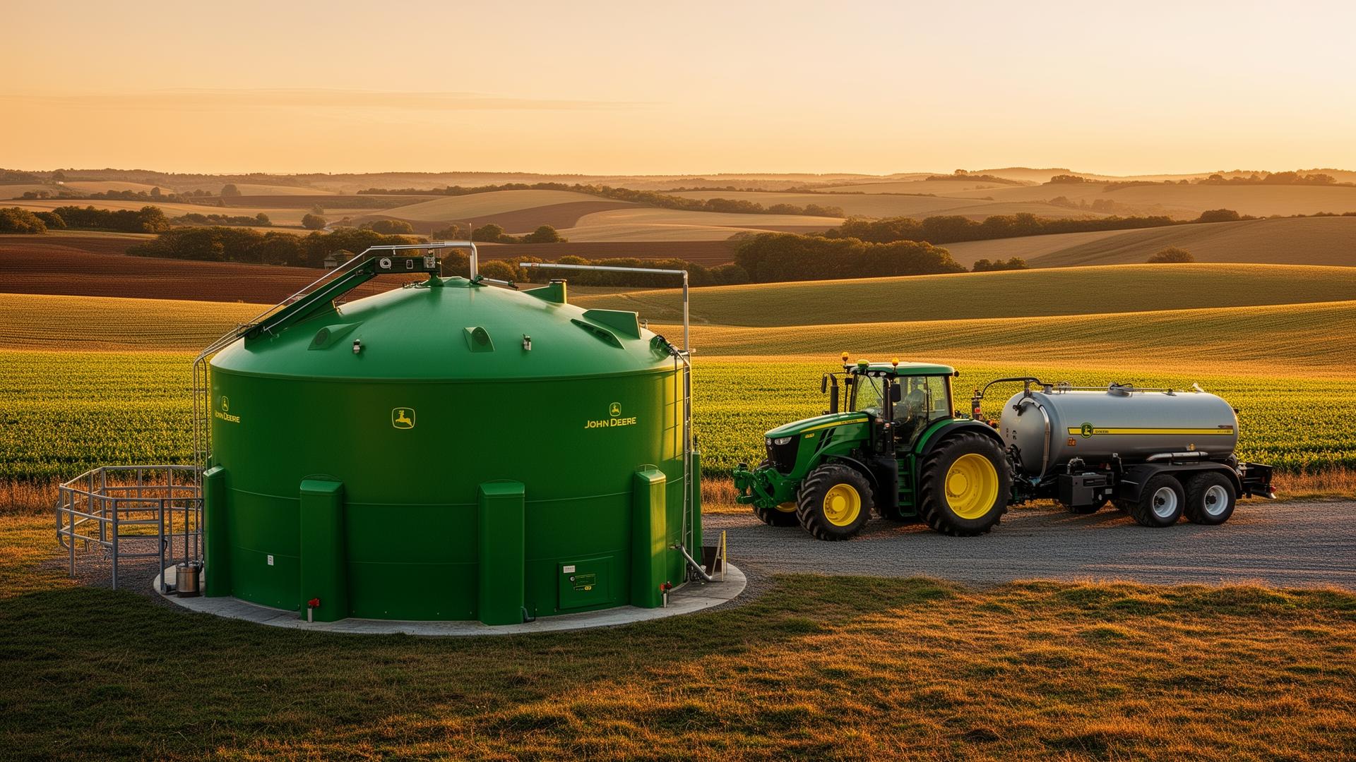 Farm diesel storage tank and tractor at golden hour